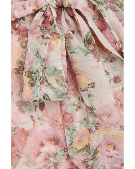 Mikael Aghal Pink Gerafftes midikleid aus chiffon mit floralem print