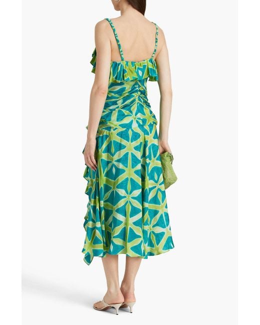 Ulla Johnson Green Zoya Ruffled Printed Silk-satin Midi Dress