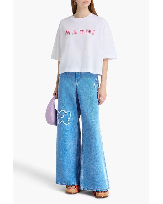 Marni Blue Floral-Appliquéd High-Rise Wide-Leg Jeans