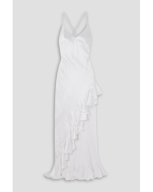 Michael Lo Sordo White Asymmetric Open-back Ruffled Crystal-embellished Silk-satin Gown