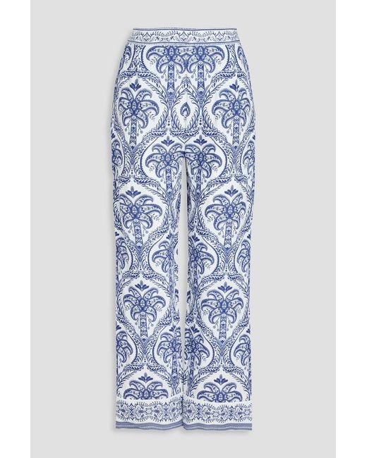Farm Rio Blue Pleated Printed Linen-blend Straight-leg Pants