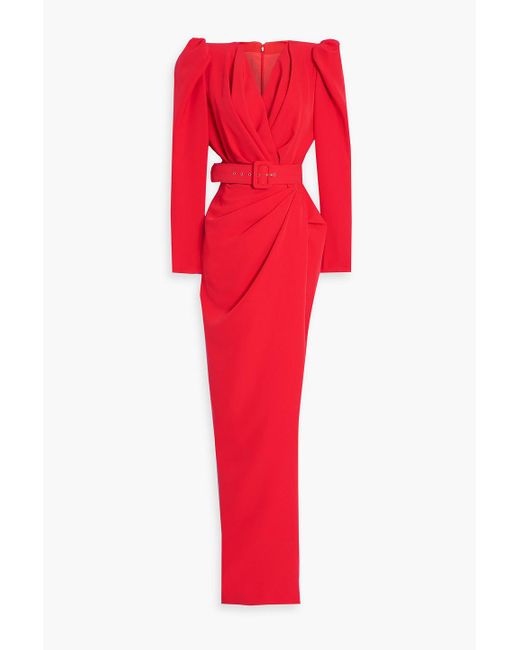 Rhea Costa Red Wrap-effect Belted Crepe Maxi Dress
