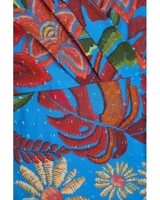 Farm Rio Blue Maxikleid aus baumwolle mit floralem print, eingewebten punkten und wickeleffekt