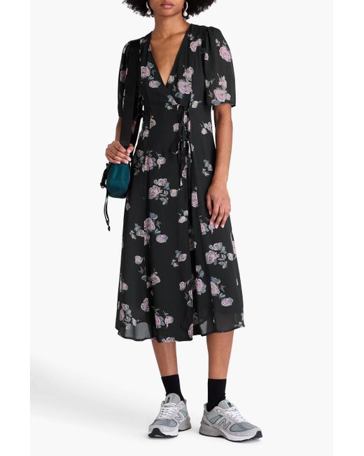 Ganni Black Midi-wickelkleid aus crêpe mit floralem print