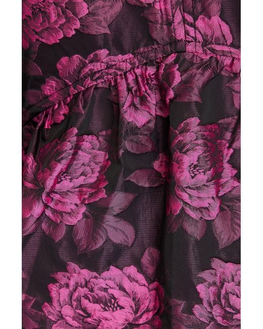Ganni Purple Gathered Floral-Jacquard Midi Dress
