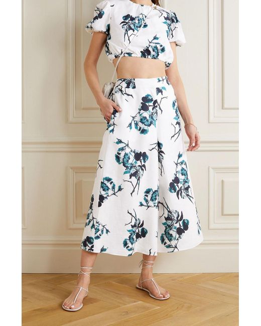 Erdem Blue Romi Cropped Floral-Print Linen Top