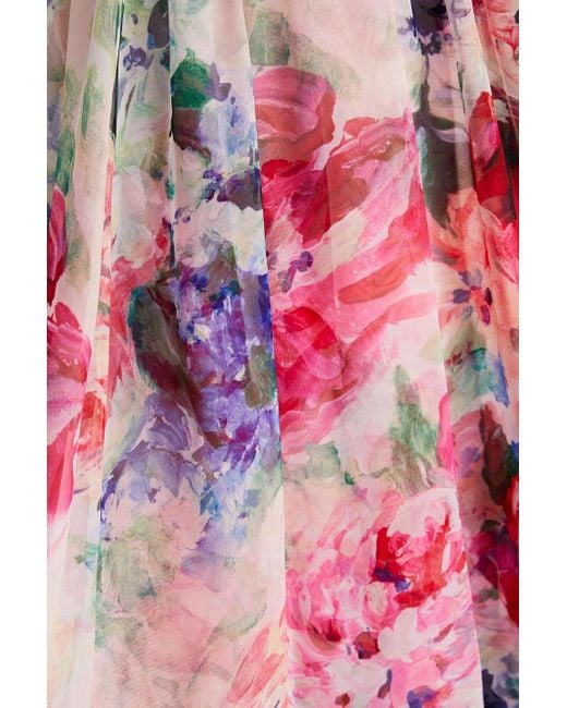 Marchesa Pink Schulterfreie robe aus chiffon mit floralem print und drapierung