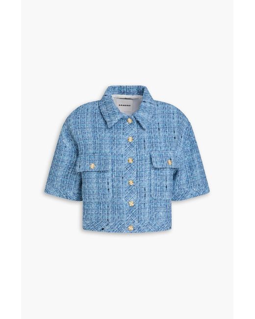 Sandro Blue Cropped Metallic Tweed Jacket