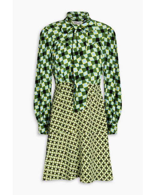 Diane von Furstenberg Green Alcina Printed Crepe And Jersey Mini Dress