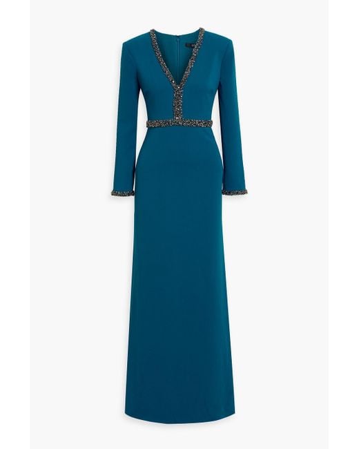 Badgley Mischka Blue Embellished Tulle-Trimmed Crepe Gown