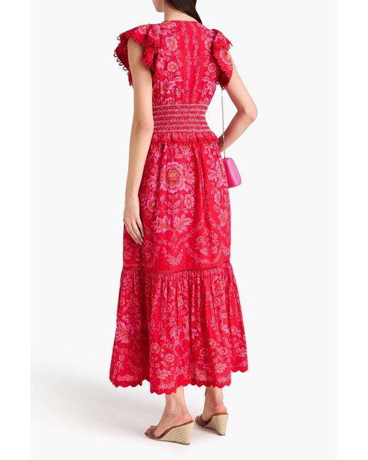 Farm Rio Red Olivia Embellished Floral-Print Swiss-Dot Cotton Maxi Dress