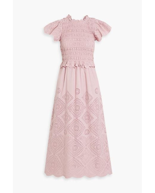 Sea Pink Vienne Cutout Shirred Broderie Anglaise Cotton Midi Dress