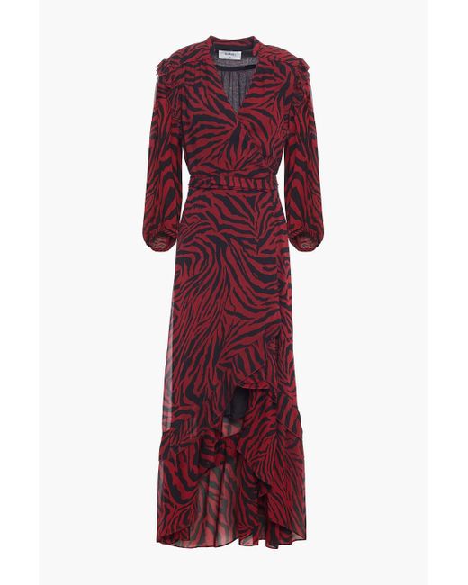 Ba&sh Red Selena Ruffled Zebra-print Georgette Midi Wrap Dress