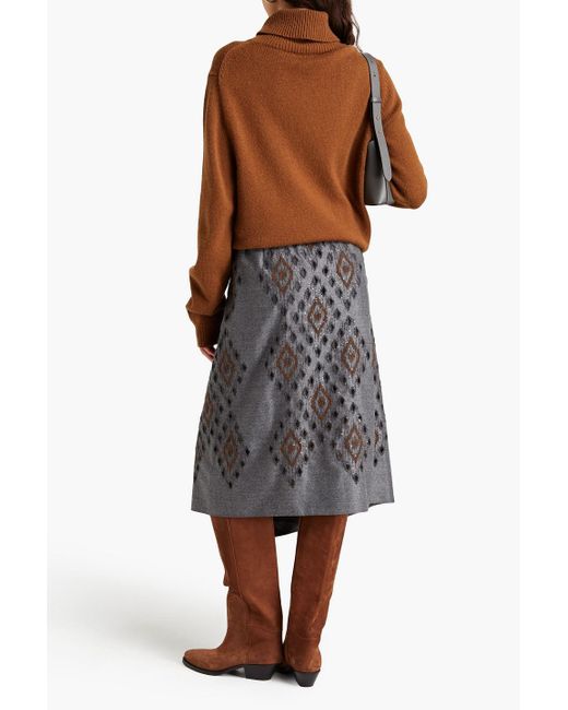 Brunello Cucinelli Gray Wrap-effect Embellished Draped Wool Midi Skirt