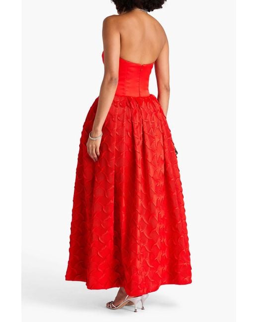 Jonathan Simkhai Red Azriel Strapless Plissé-Satin Gown