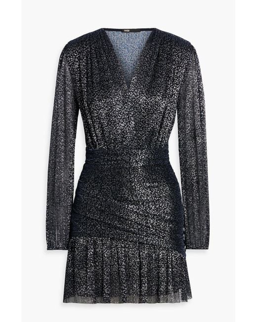 Maje Wrap-Effect Lam Mini Dress in Black | Lyst