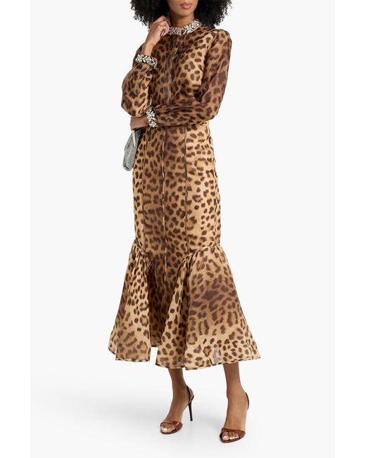 Zimmermann Natural Fluted Leopard-Print Linen And Silk-Blend Gauze Midi Skirt
