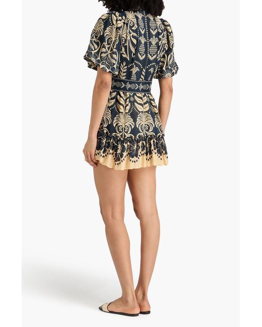 Farm Rio Blue Belted Printed Cotton-Blend Mini Dress