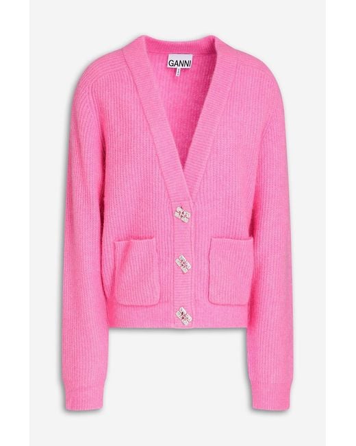 Ganni Pink Ribbed-knit Cardigan
