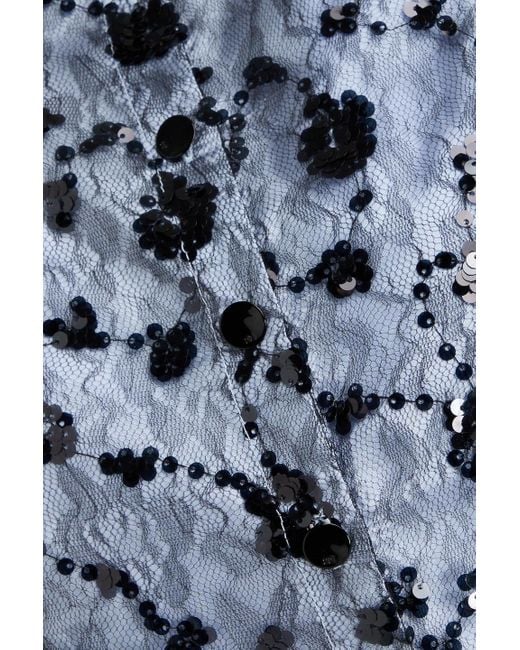 Ganni Blue Cropped Sequin-embellished Lace And Satin Shirt