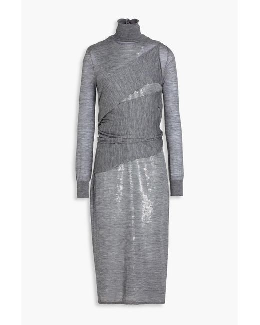 Victoria Beckham Gray Layered Sequin-embellished Wool-jersey Turtleneck Dress