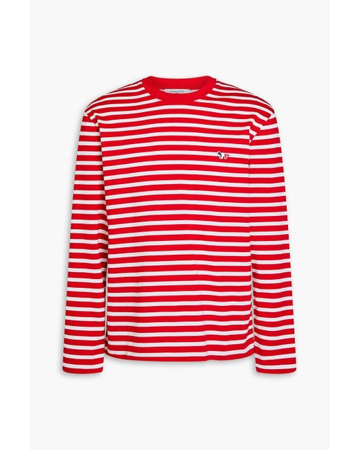 Maison Kitsuné Red Appliquéd Striped Cotton-jersey T-shirt for men