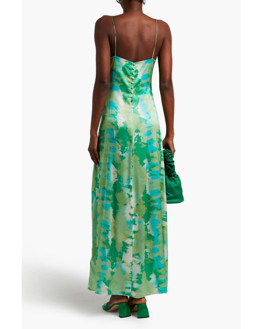 Ganni Green Printed Silk-blend Satin Maxi Slip Dress