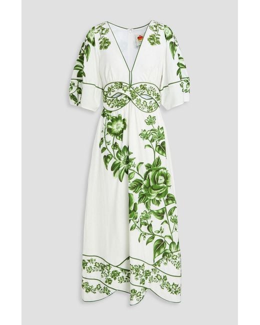 Farm Rio Green Floral-print Linen-blend Midi Dress