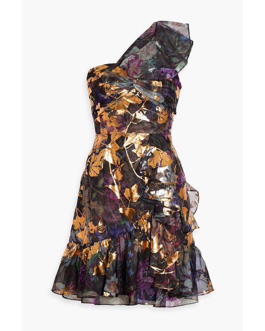 Marchesa Metallic One-shoulder Ruched Floral-print Mini Dress