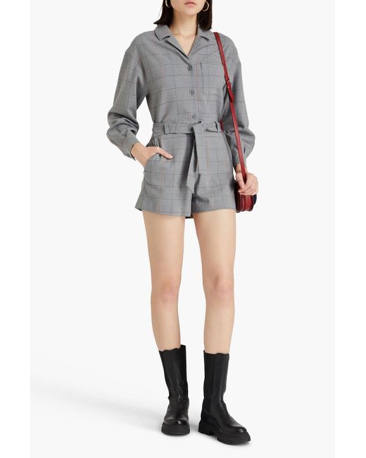 Maje Gray Belted Checked Wool-blend Twill Playsuit
