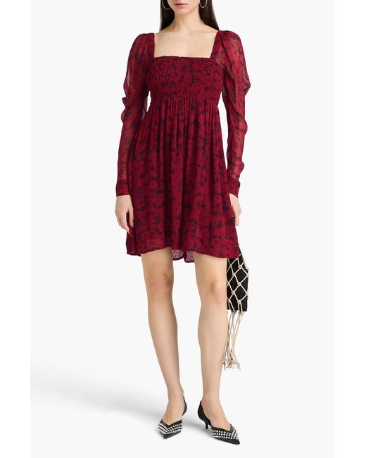 Ganni Shirred Printed Georgette Mini Dress