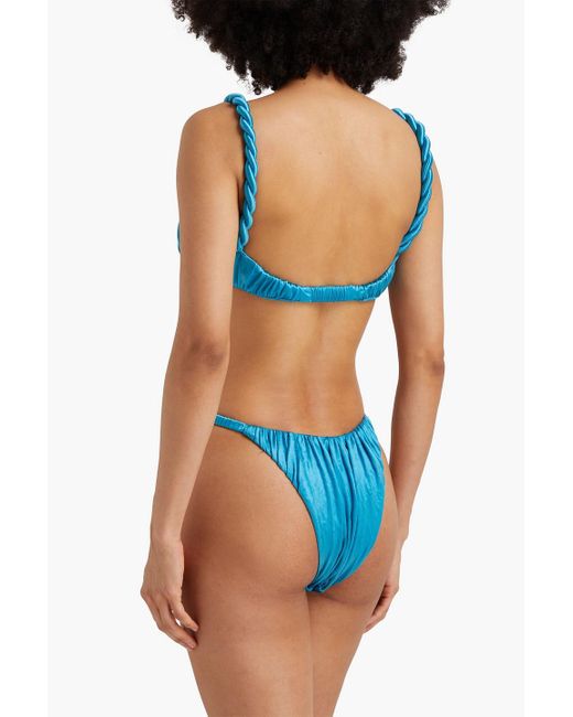Isa Boulder Blue Ruched Stretch-satin Underwired Bikini Top