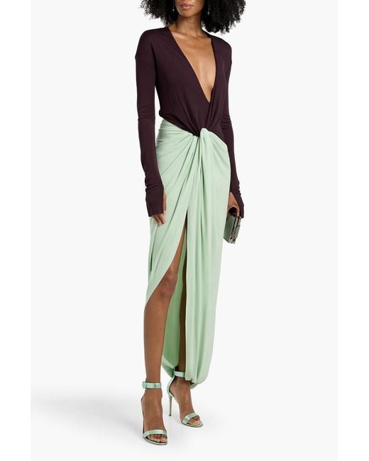 Victoria Beckham Green Draped Two-Tone Jersey Maxi Dress