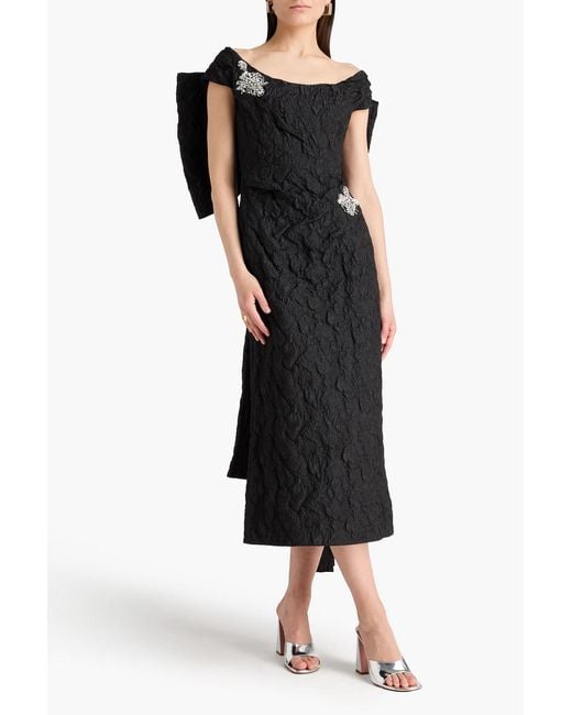 Erdem Black Off-the-shoulder Embellished Jacquard Midi Dress