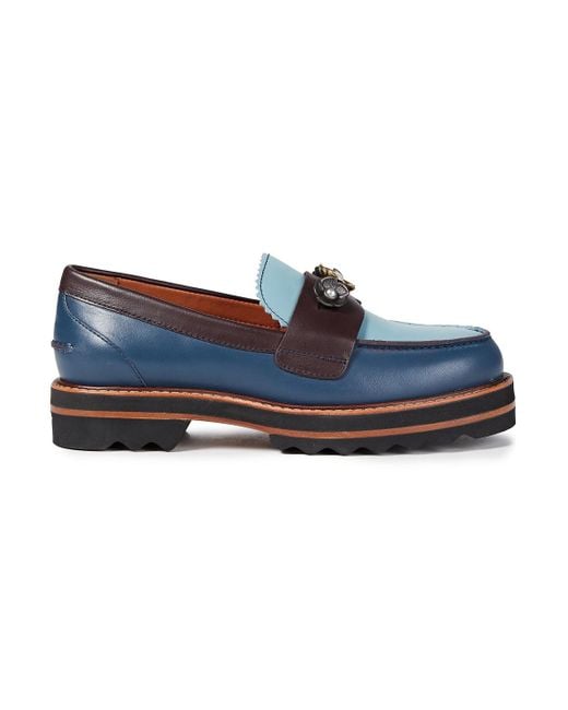 COACH Embellished Color-block Leather Loafers Light Blue