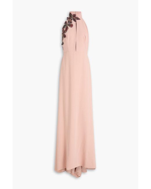 Costarellos Pink Cutout Floral-Appliquéd Cady Gown