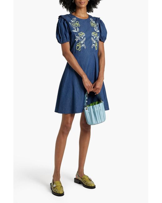 Paul Smith Blue Embroidered Cotton-chambray Mini Dress