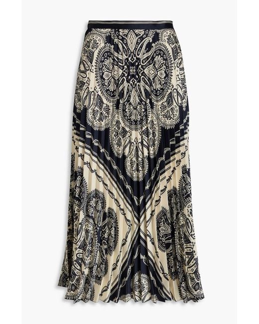 Sandro Blue Pleated Paisley-Print Satin-Twill Midi Skirt