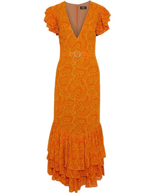 De La Vali Orange Apolonia Ruffled Crystal-embellished Printed Georgette Maxi Dress