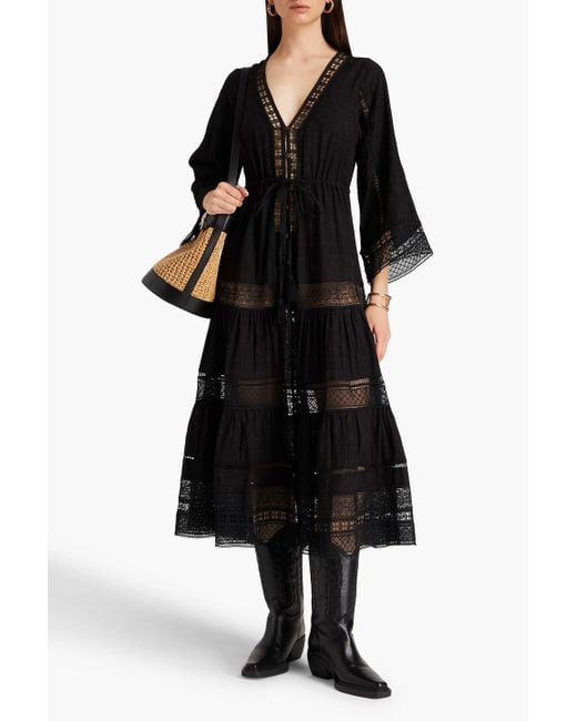 Veronica Beard Black Minoru Guipure Lace-paneled Cotton-jacquard Midi Shirt Dress