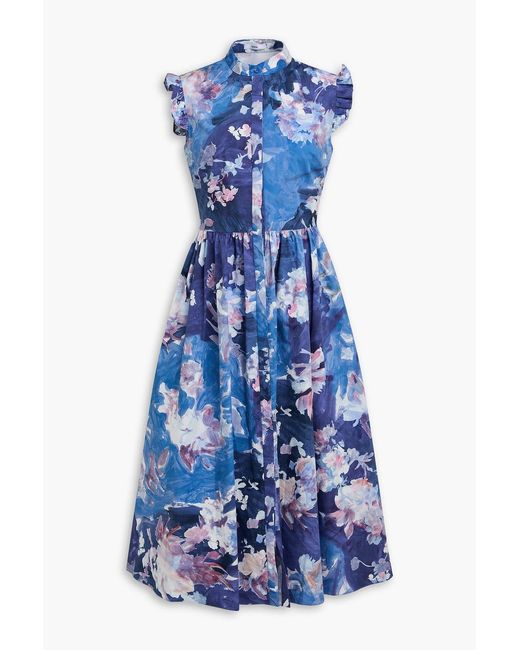 Erdem Blue Ruffled Floral-print Cotton-poplin Midi Dress