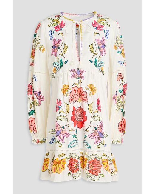 Farm Rio White Tiered Floral-Print Linen-Blend Mini Dress