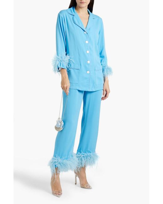 Sleeper Blue Party Feather-trimmed Crepe De Chine Pajama Set