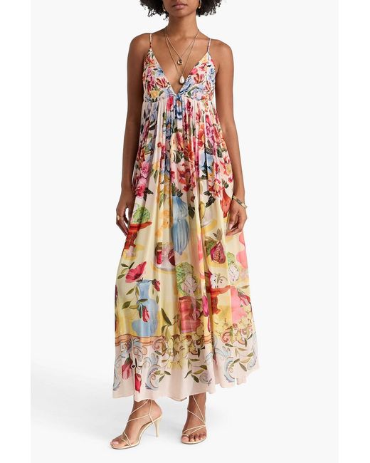 Farm Rio White Gathered Floral-print Georgette Midi Dress
