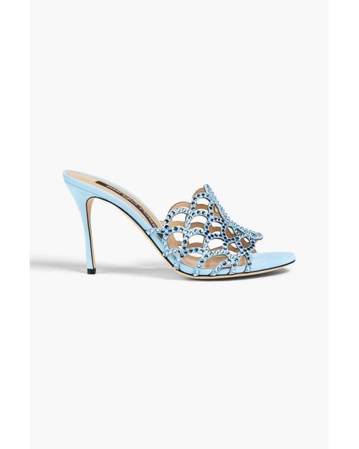 Sergio Rossi Blue Mermaid Crystal-Embellished Laser-Cut Suede Mules