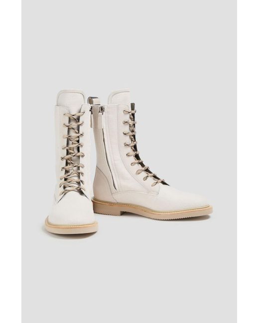 Brunello Cucinelli White Bead-embellished Canvas Combat Boots