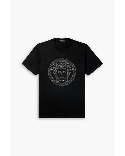 Versace Black Crystal-Embellished Logo-Embroidered Cotton-Jersey T-Shirt for men