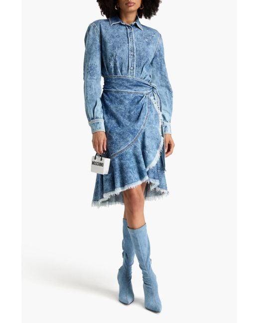 Moschino Blue Wrap-effect Acid-wash Denim Shirt Dress