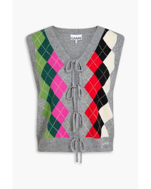 Ganni Gray Argyle Wool And Cashmere-blend Vest
