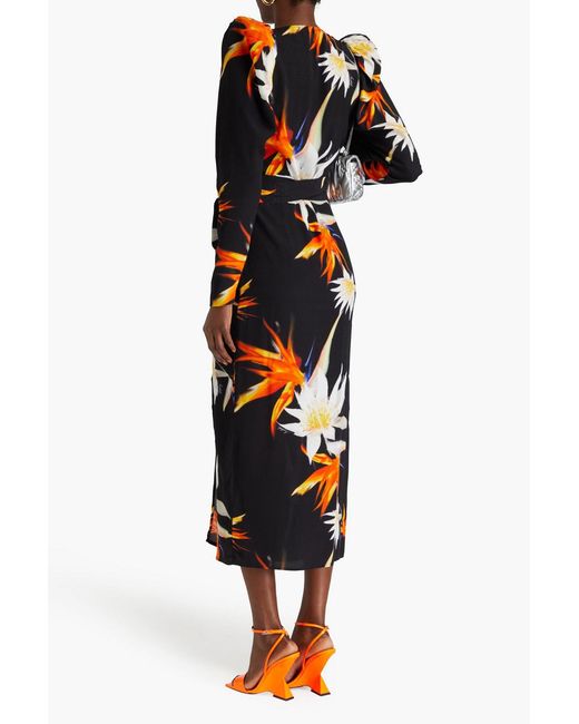 ROTATE BIRGER CHRISTENSEN Black Floral-print Satin-jacquard Midi Wrap Dress